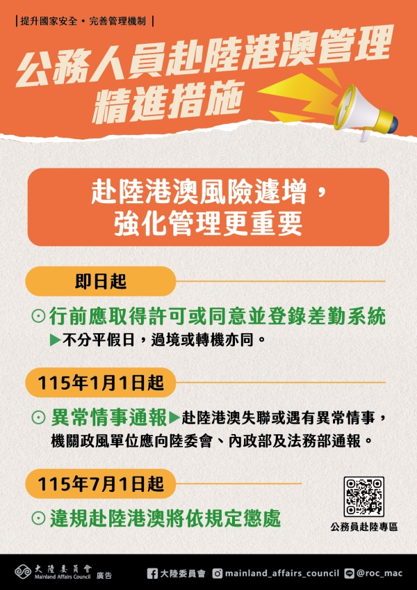 轉知大陸委員會製作之「強化公務員赴陸港澳管理機制精進措施」宣導海報